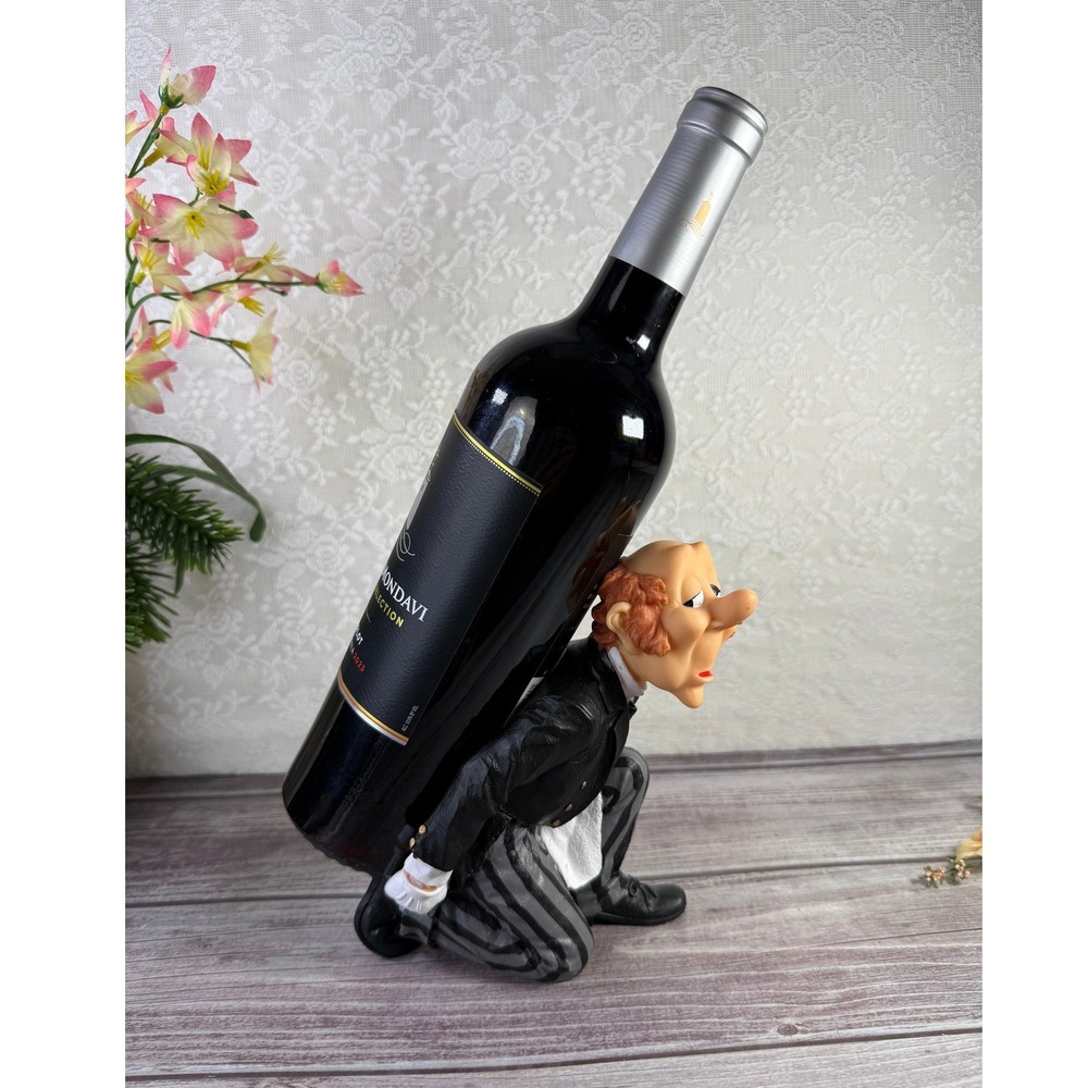 Whimsical Butler Wine Bottle Holder Resin Server Figurine Novelty Barware Decor